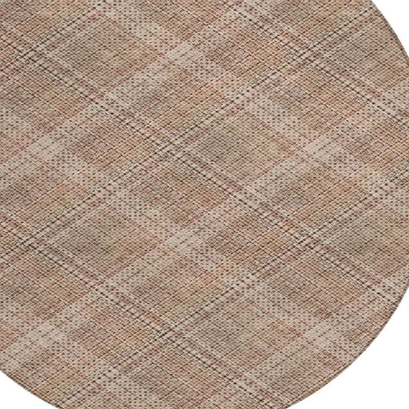 8' Orange And Beige Round Plaid Washable Indoor Outdoor Area Rug Homeroots Outdoor