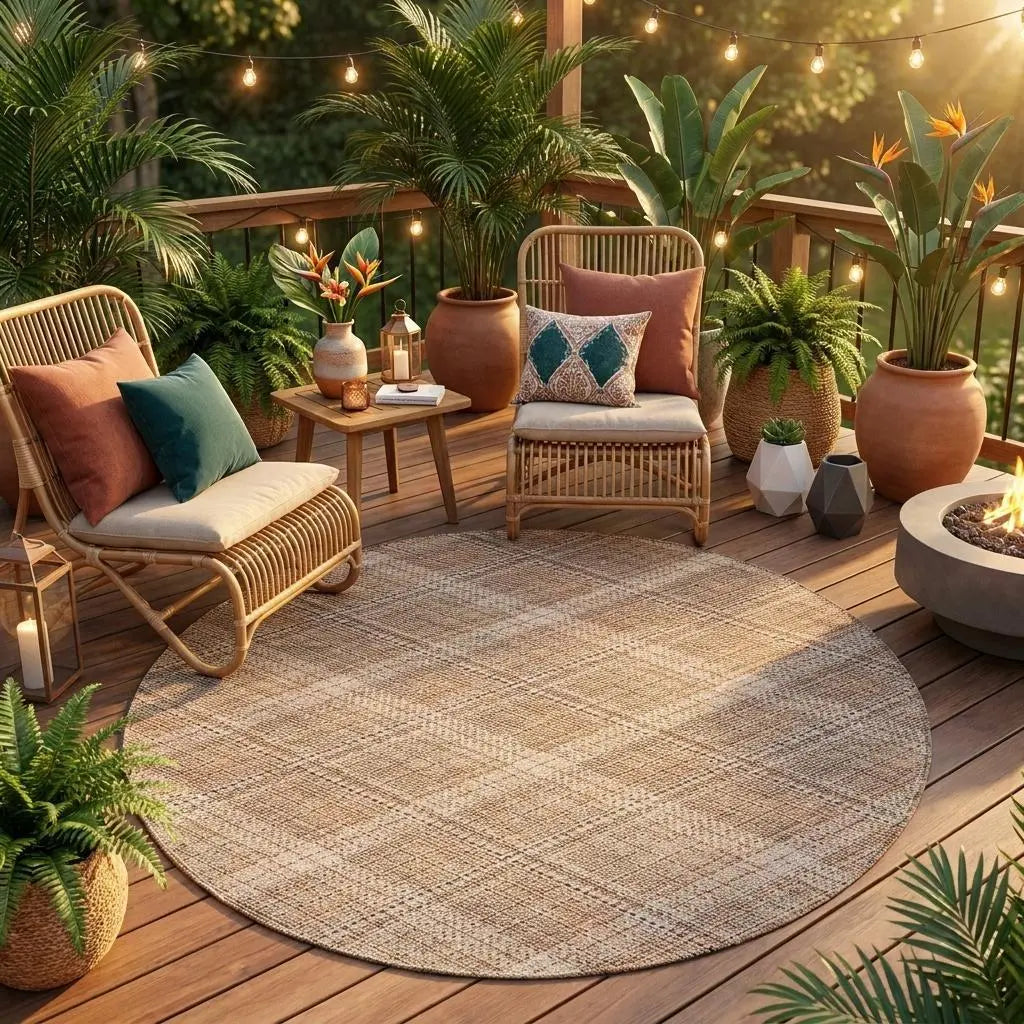 8' Orange And Beige Round Plaid Washable Indoor Outdoor Area Rug Homeroots Outdoor