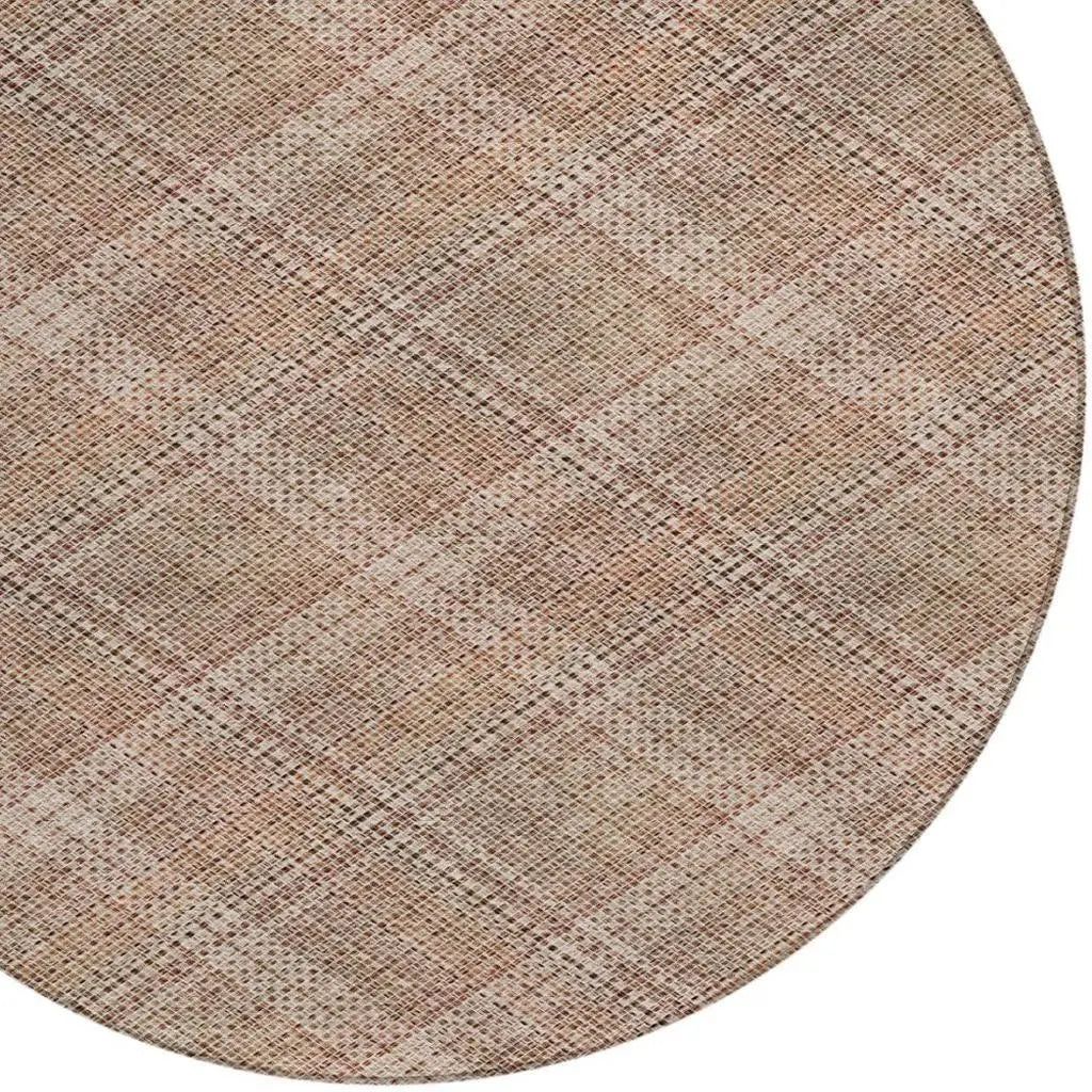 8' Orange And Beige Round Plaid Washable Indoor Outdoor Area Rug Homeroots Outdoor