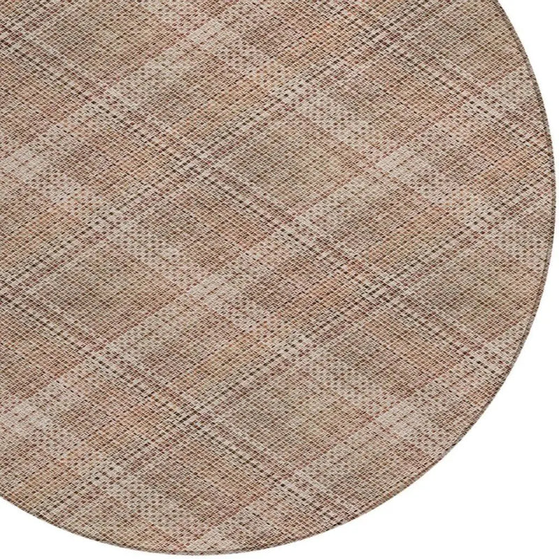 8' Orange And Beige Round Plaid Washable Indoor Outdoor Area Rug Homeroots Outdoor