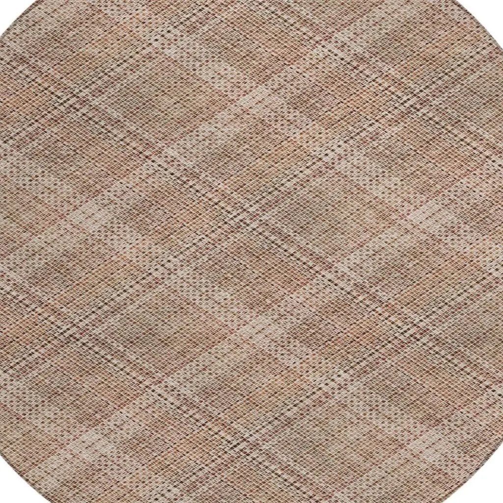 8' Orange And Beige Round Plaid Washable Indoor Outdoor Area Rug Homeroots Outdoor