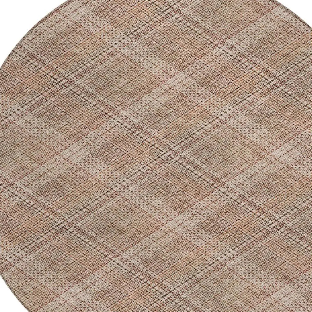 8' Orange And Beige Round Plaid Washable Indoor Outdoor Area Rug Homeroots Outdoor