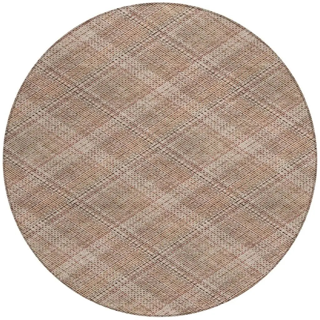 8' Orange And Beige Round Plaid Washable Indoor Outdoor Area Rug Homeroots Outdoor