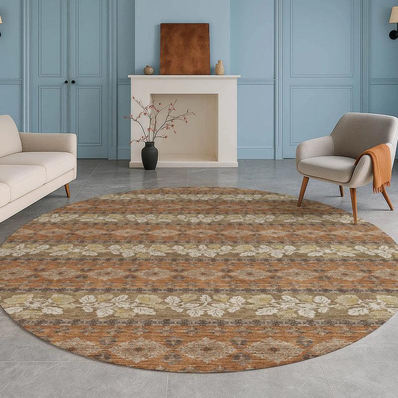 8' Orange And Beige Round Striped Washable Indoor Outdoor Area Rug Homeroots Outdoor