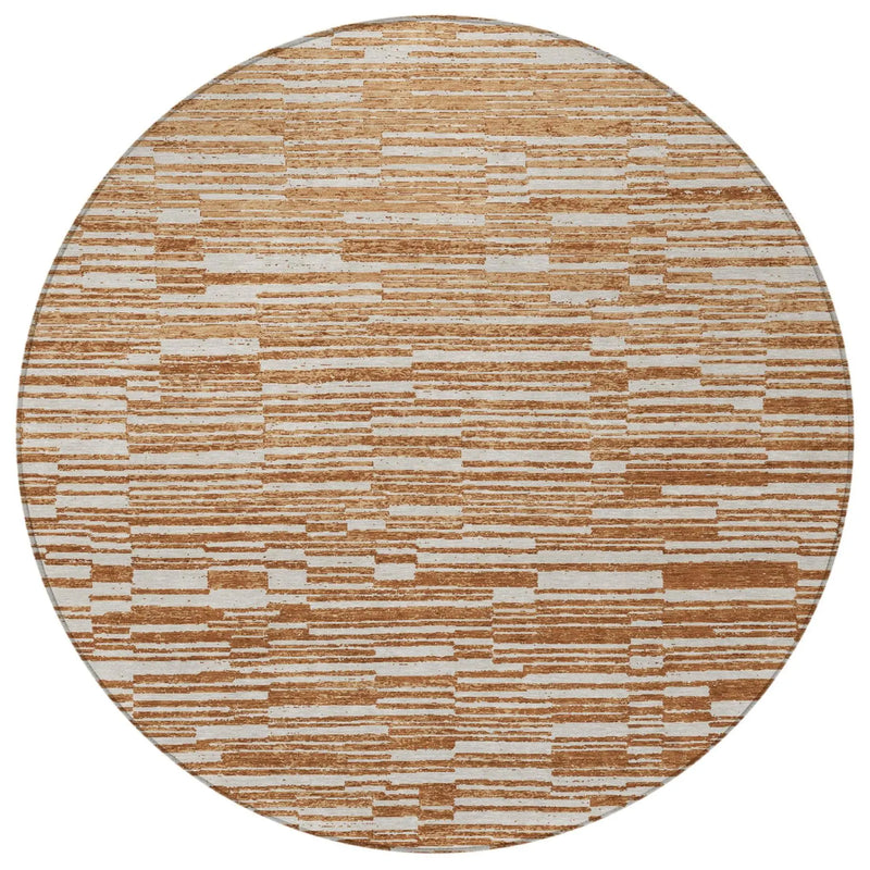 8' Orange And Beige Round Striped Washable Indoor Outdoor Area Rug Homeroots Outdoor