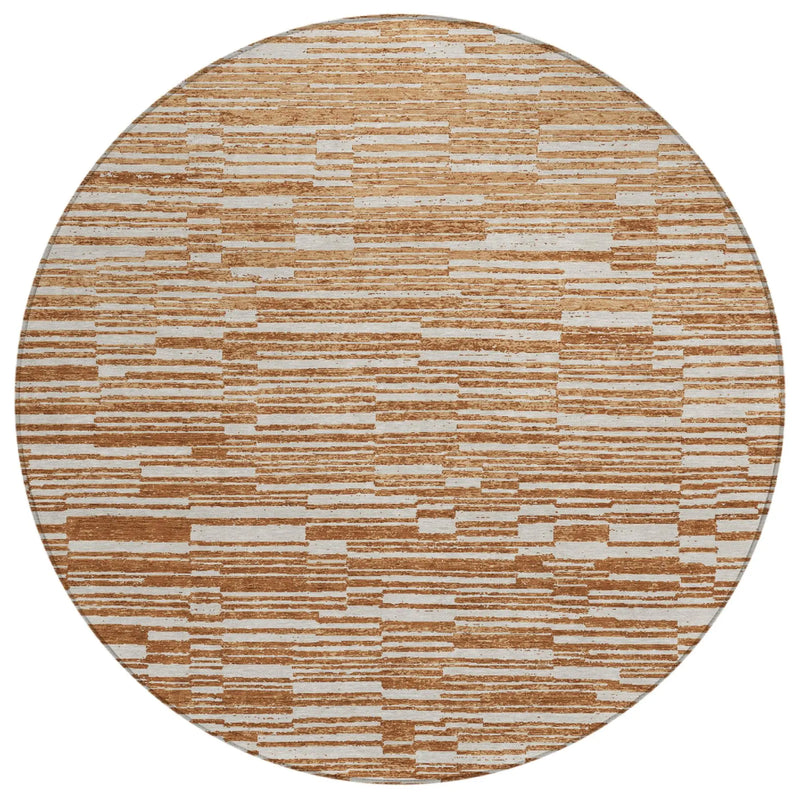 8' Orange And Beige Round Striped Washable Indoor Outdoor Area Rug Homeroots Outdoor