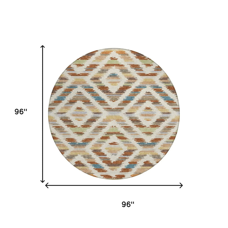 8' Orange And Beige Round Tribal Washable Indoor Outdoor Area Rug Homeroots Outdoor