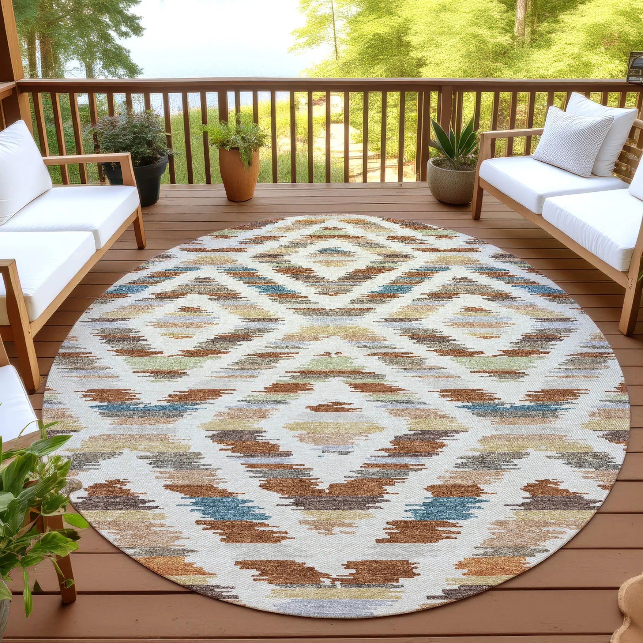 8' Orange And Beige Round Tribal Washable Indoor Outdoor Area Rug Homeroots Outdoor