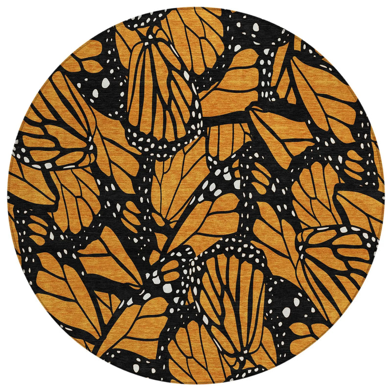 8' Orange And Black Round Animal Print Washable Indoor Outdoor Area Rug Homeroots Outdoor