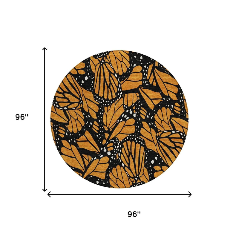 8' Orange And Black Round Animal Print Washable Indoor Outdoor Area Rug Homeroots Outdoor