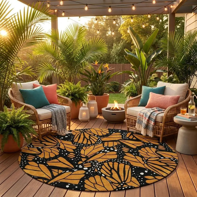 8' Orange And Black Round Animal Print Washable Indoor Outdoor Area Rug Homeroots Outdoor