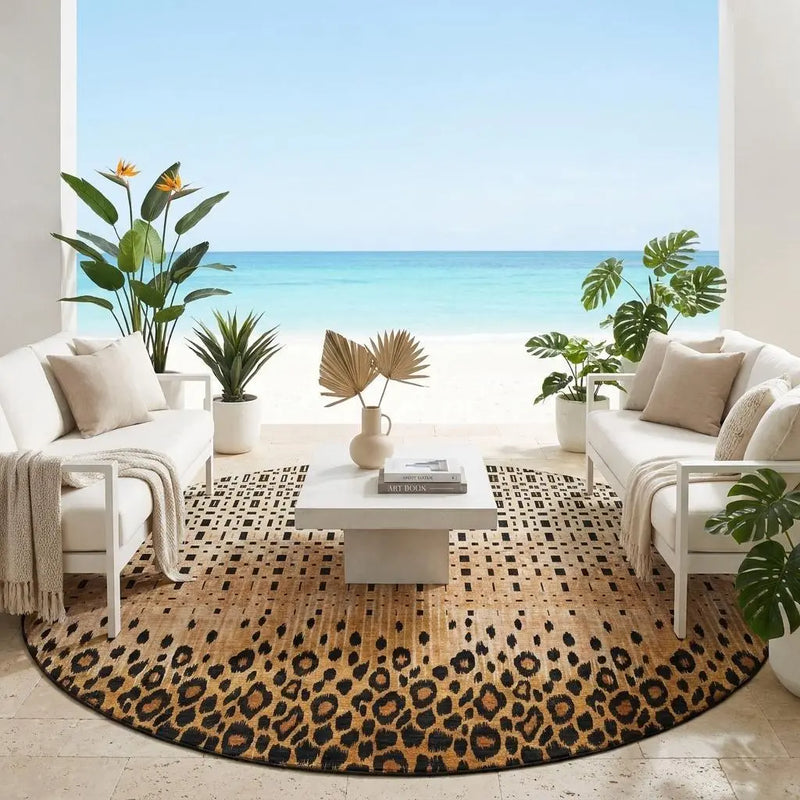 8' Orange And Black Round Geometric Washable Indoor Outdoor Area Rug Homeroots Outdoor