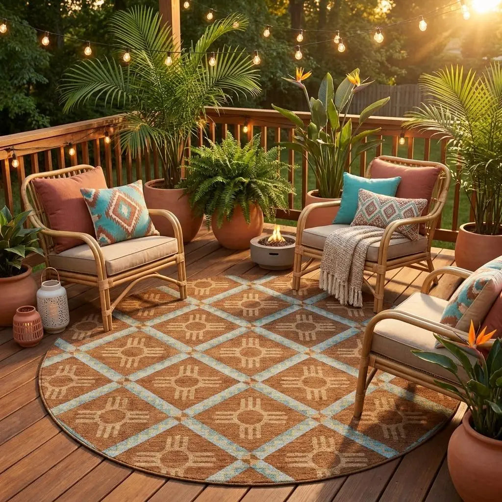 8' Orange And Blue Round Geometric Washable Indoor Outdoor Area Rug Homeroots Outdoor