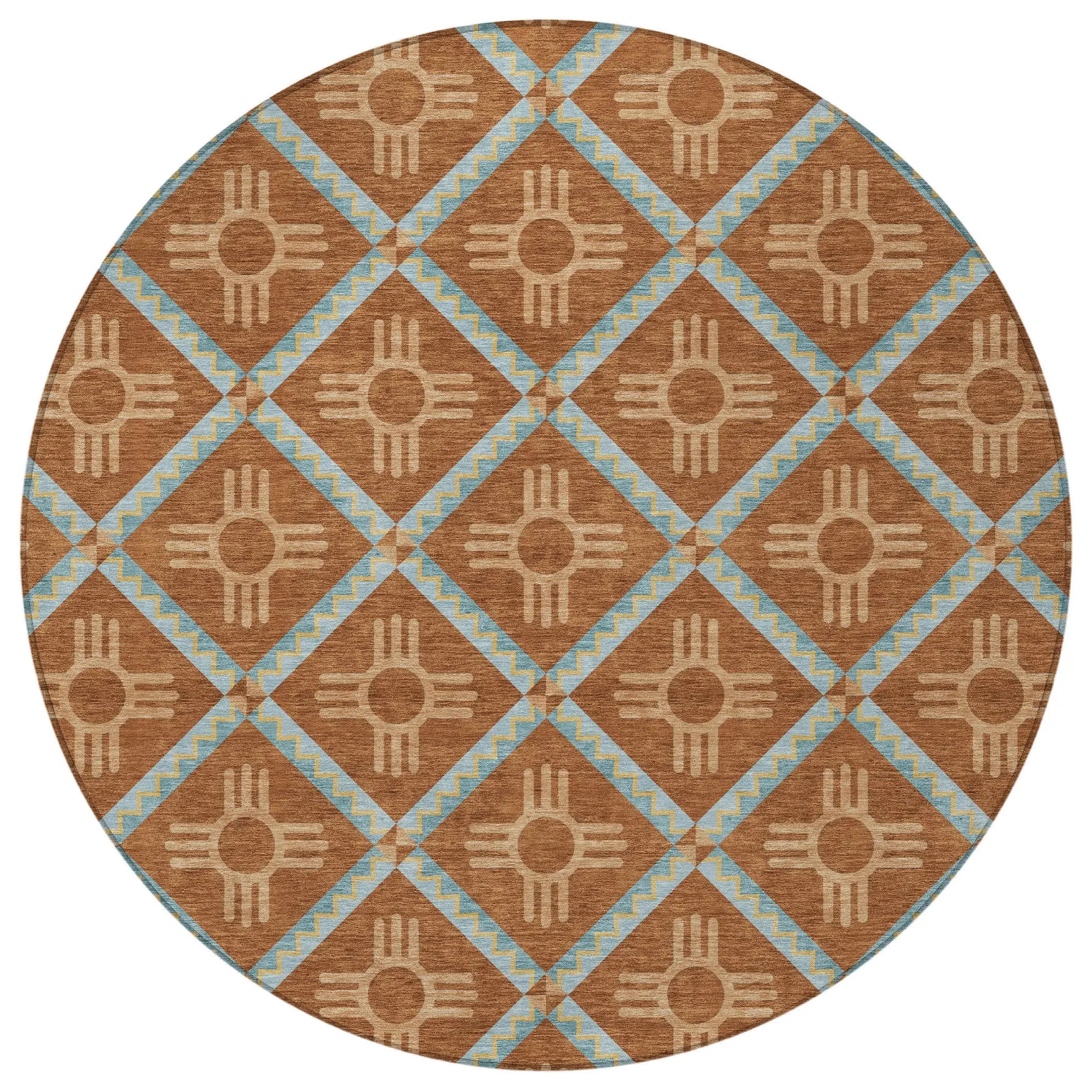 8' Orange And Blue Round Geometric Washable Indoor Outdoor Area Rug Homeroots Outdoor