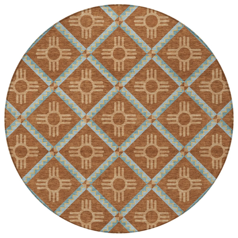 8' Orange And Blue Round Geometric Washable Indoor Outdoor Area Rug Homeroots Outdoor