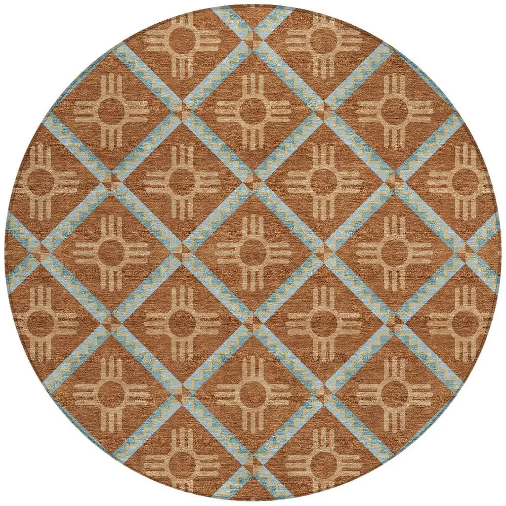 8' Orange And Blue Round Geometric Washable Indoor Outdoor Area Rug Homeroots Outdoor