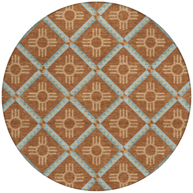 8' Orange And Blue Round Geometric Washable Indoor Outdoor Area Rug Homeroots Outdoor