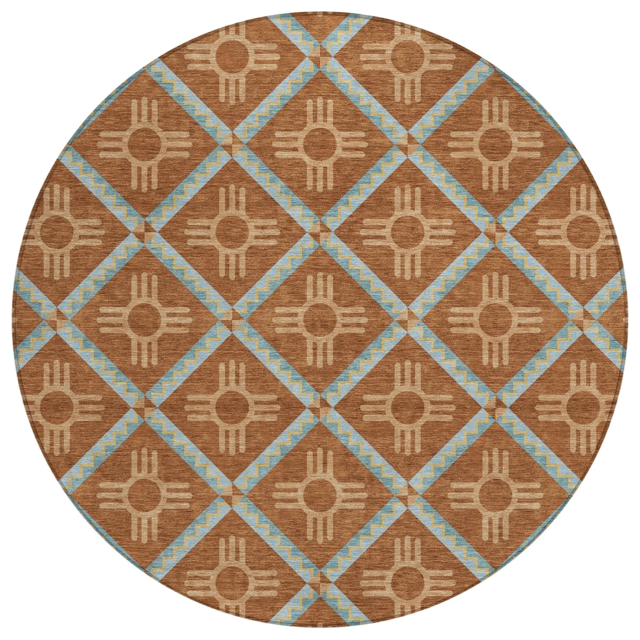 8' Orange And Blue Round Geometric Washable Indoor Outdoor Area Rug Homeroots Outdoor
