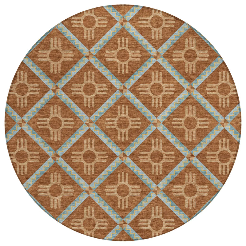 8' Orange And Blue Round Geometric Washable Indoor Outdoor Area Rug Homeroots Outdoor