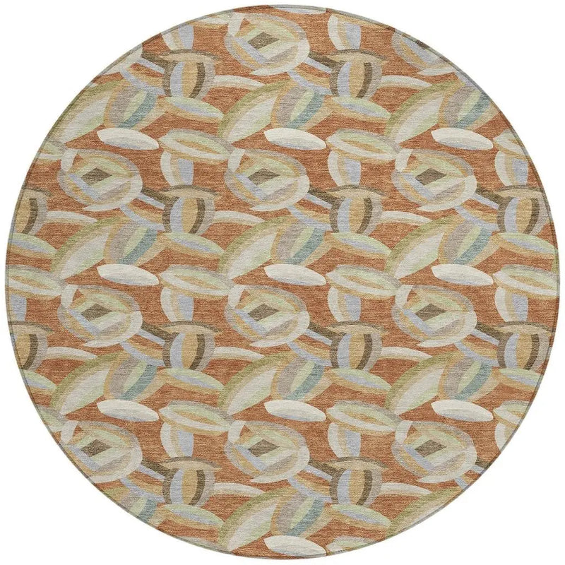 8' Orange And Brown Round Abstract Washable Indoor Outdoor Area Rug Homeroots Outdoor