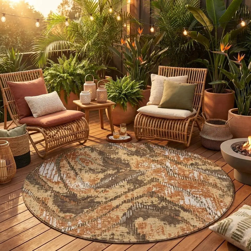 8' Orange And Brown Round Abstract Washable Indoor Outdoor Area Rug Homeroots Outdoor