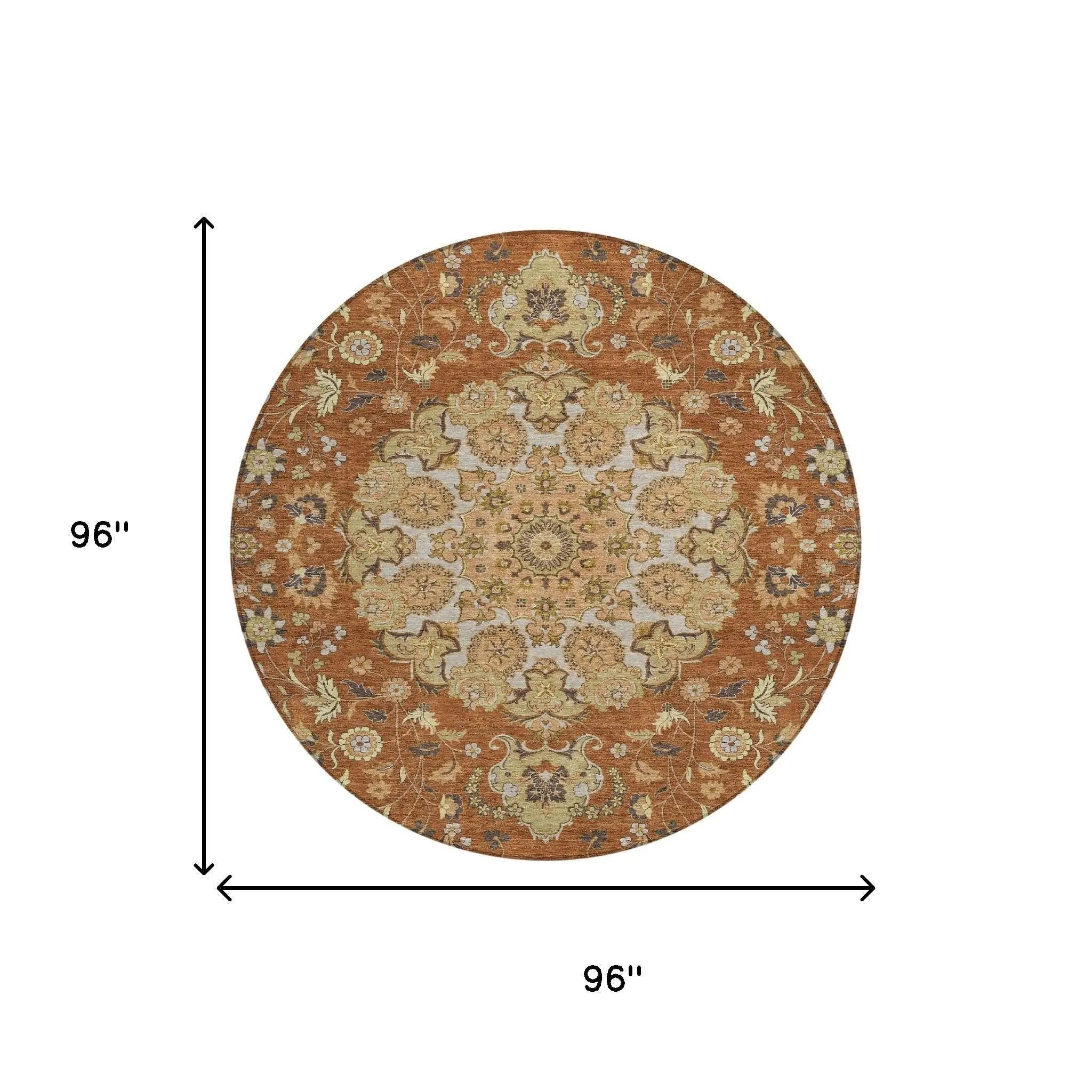 8' Orange And Brown Round Damask Washable Indoor Outdoor Area Rug Homeroots Outdoor