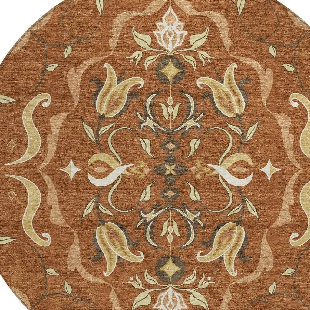 8' Orange And Brown Round Damask Washable Indoor Outdoor Area Rug Homeroots Outdoor