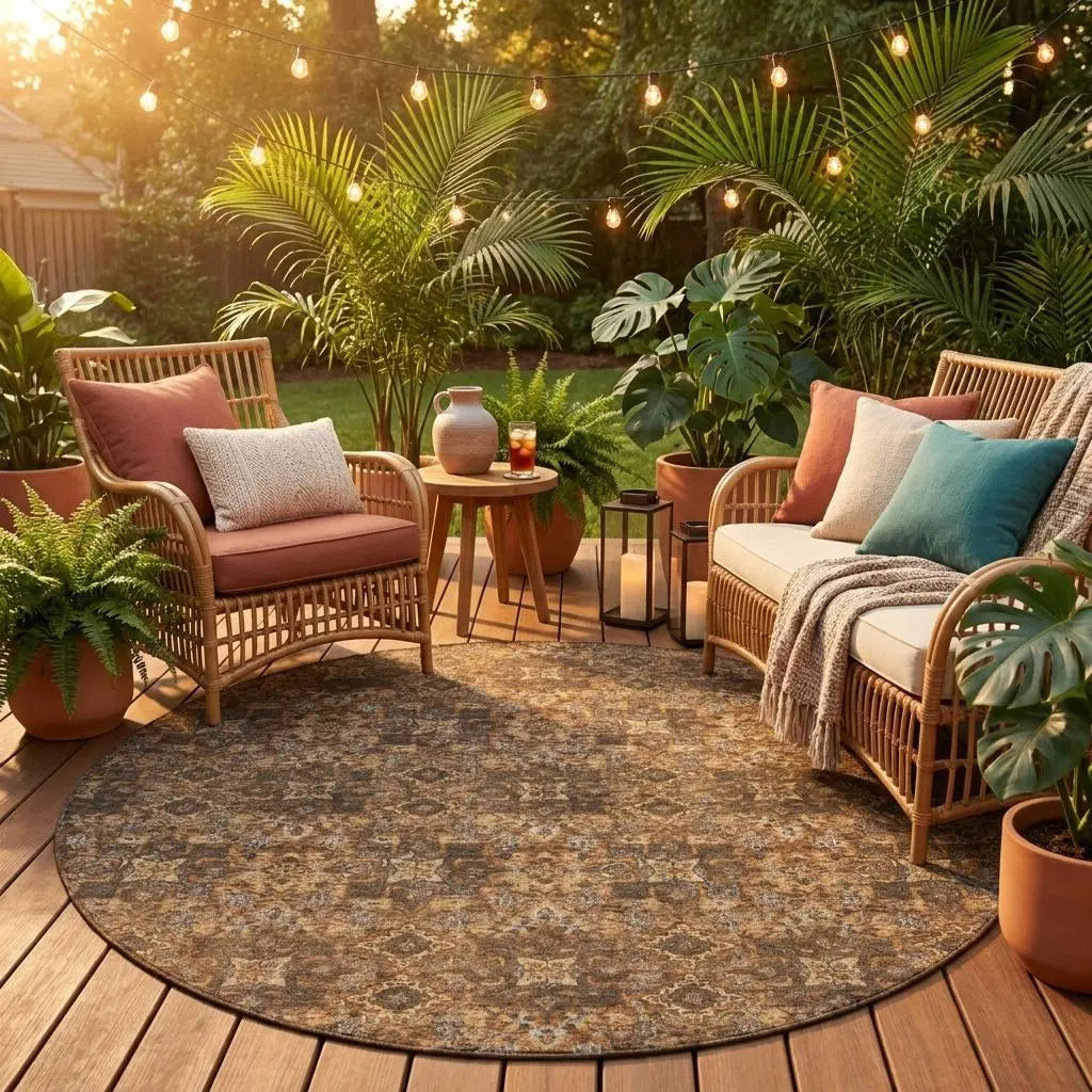 8' Orange And Brown Round Damask Washable Indoor Outdoor Area Rug Homeroots Outdoor