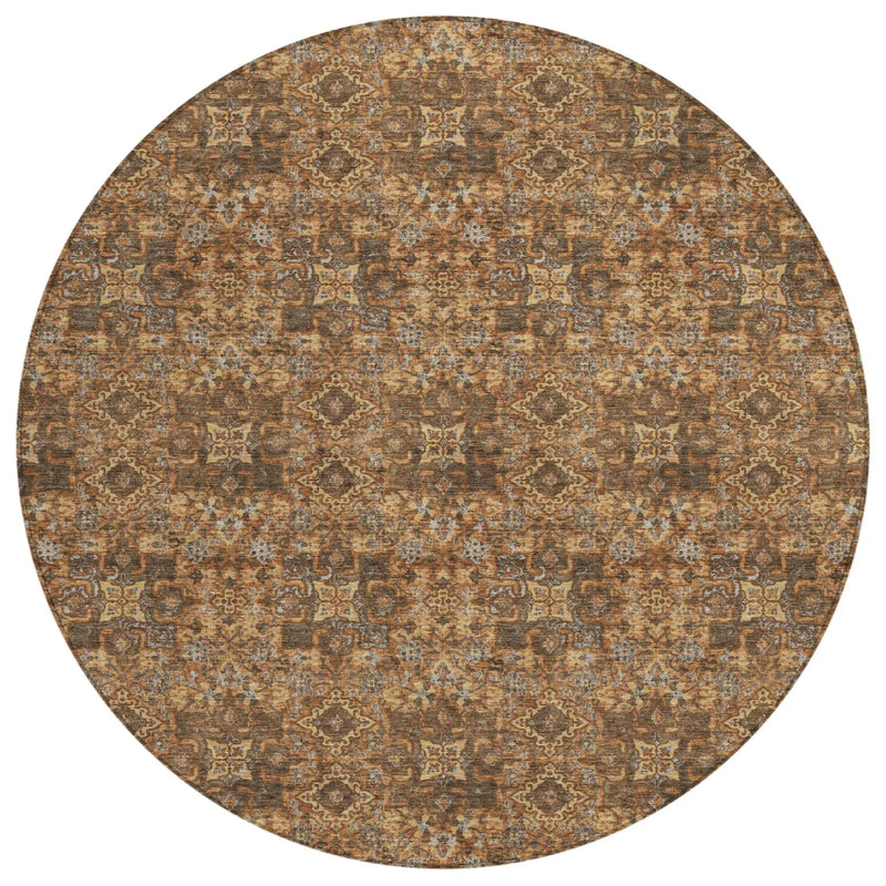 8' Orange And Brown Round Damask Washable Indoor Outdoor Area Rug Homeroots Outdoor