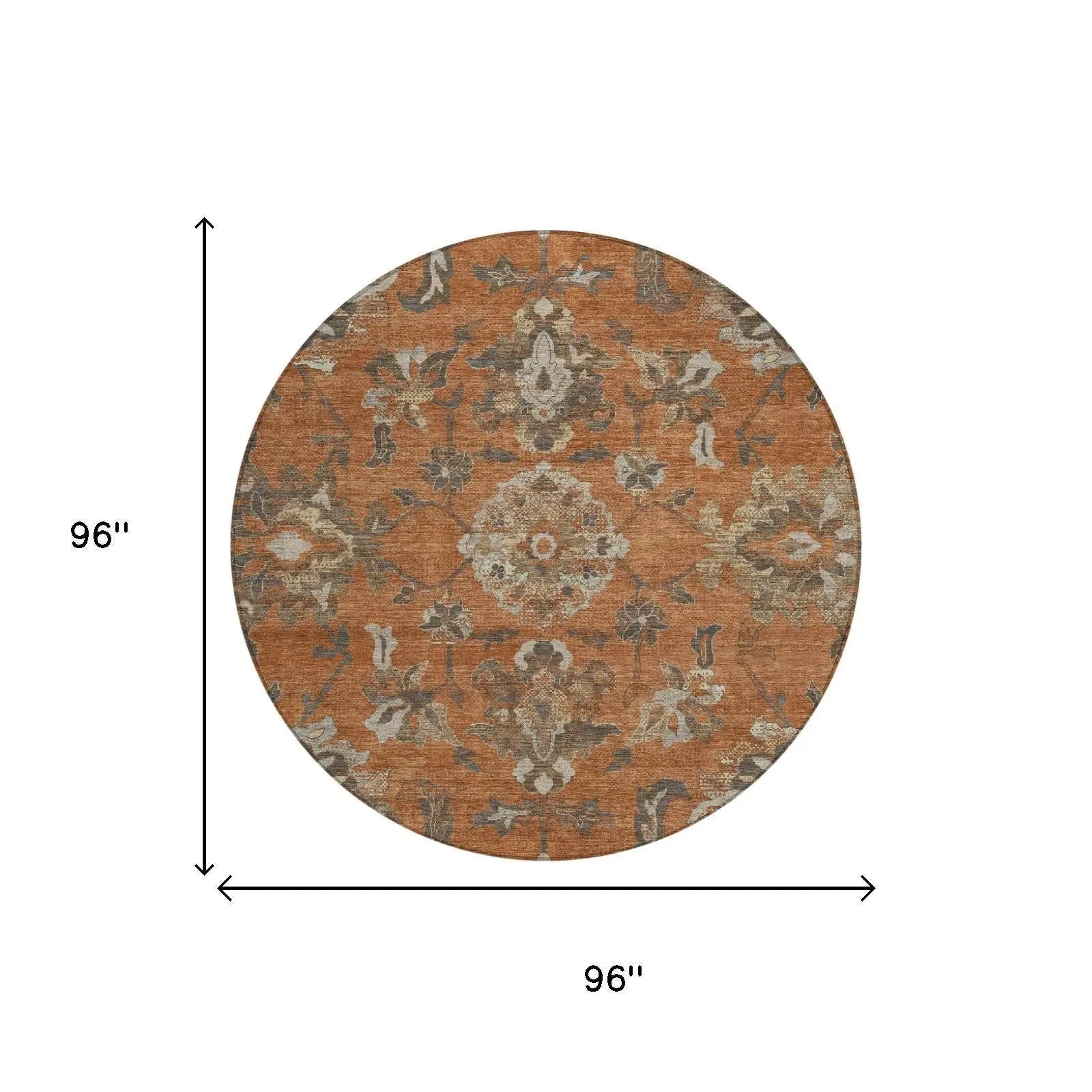 8' Orange And Brown Round Floral Medallion Washable Indoor Outdoor Area Rug Homeroots Outdoor