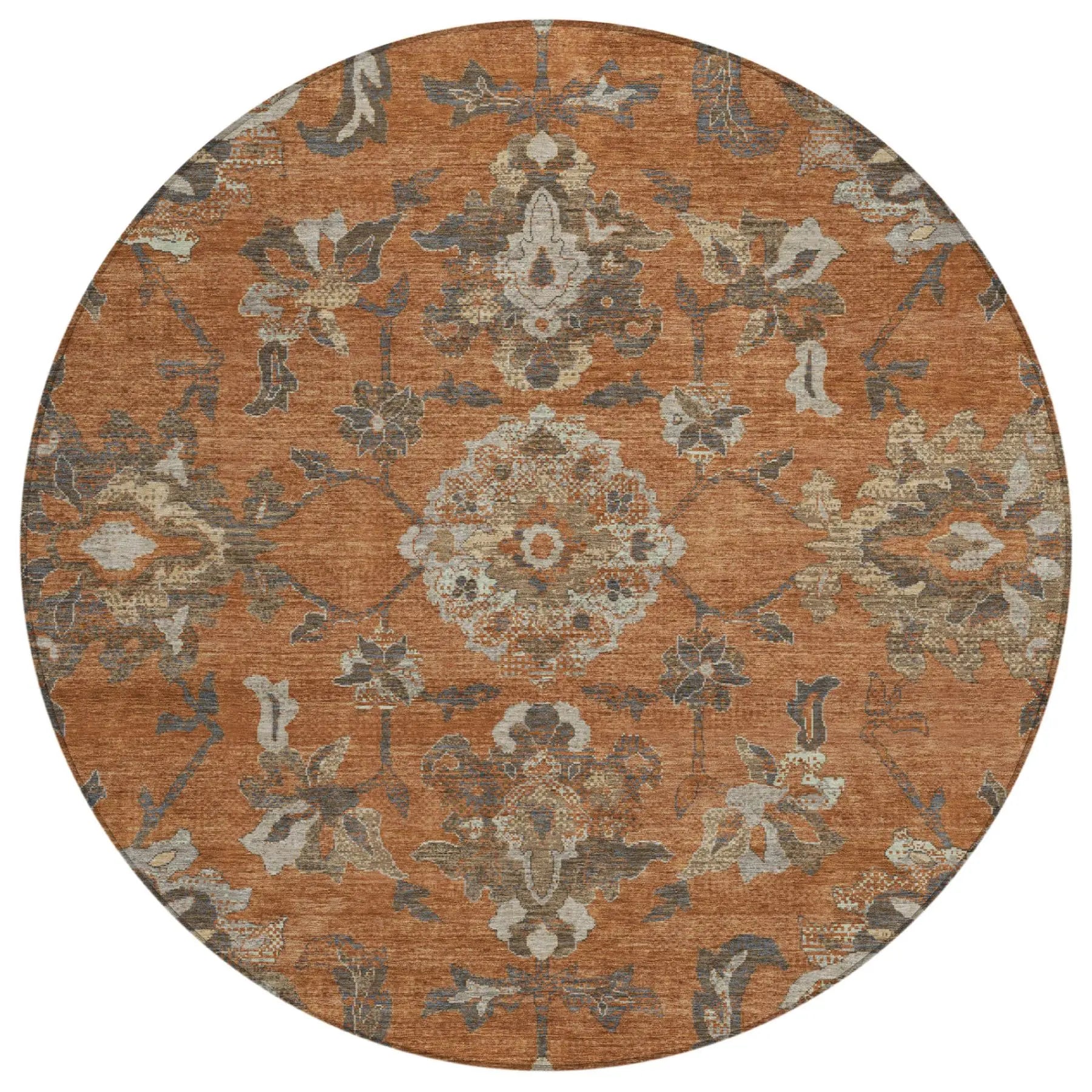 8' Orange And Brown Round Floral Medallion Washable Indoor Outdoor Area Rug Homeroots Outdoor