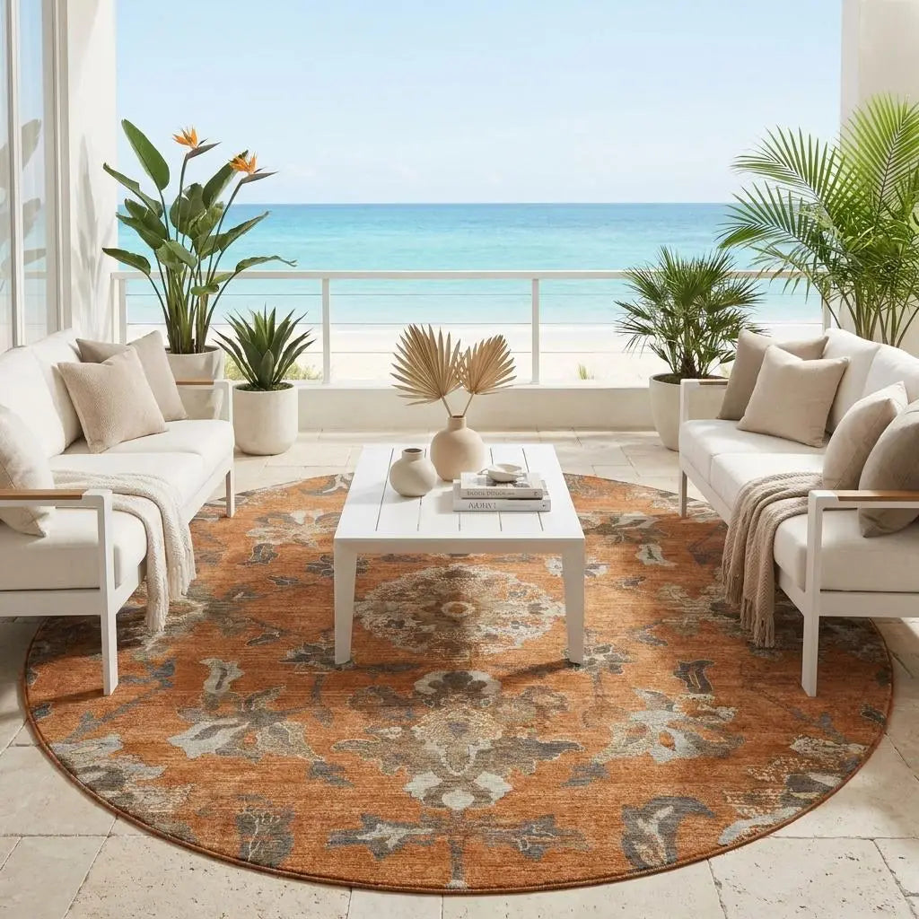 8' Orange And Brown Round Floral Medallion Washable Indoor Outdoor Area Rug Homeroots Outdoor