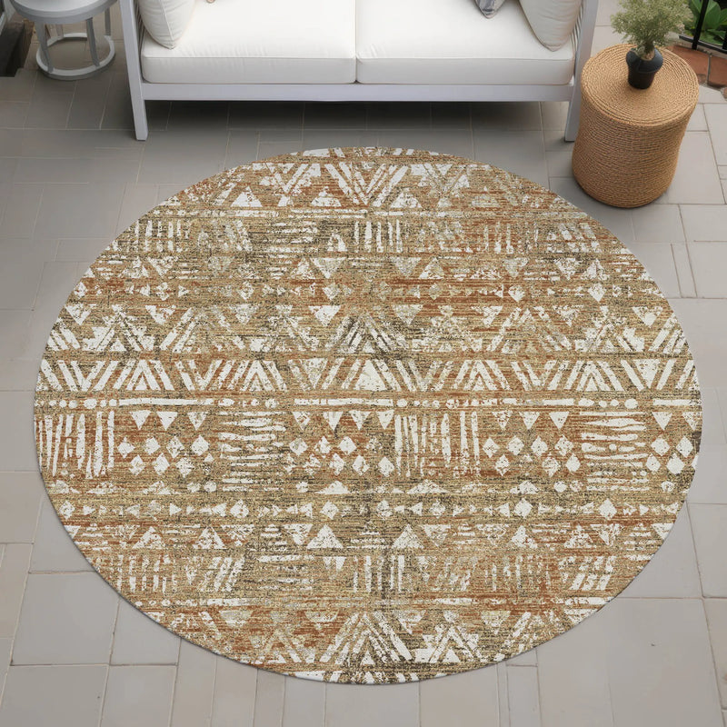8' Orange And Brown Round Geometric Washable Indoor Outdoor Area Rug Homeroots Outdoor