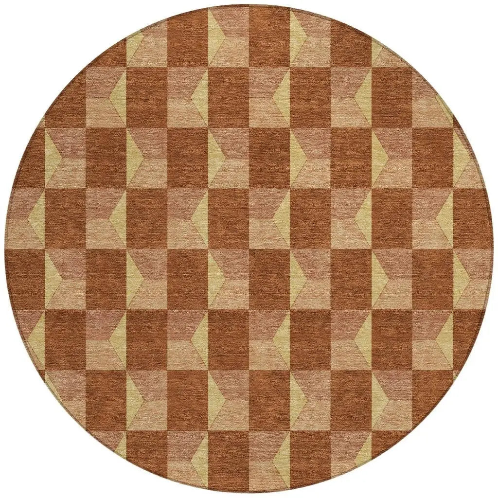 8' Orange And Brown Round Geometric Washable Indoor Outdoor Area Rug Homeroots Outdoor