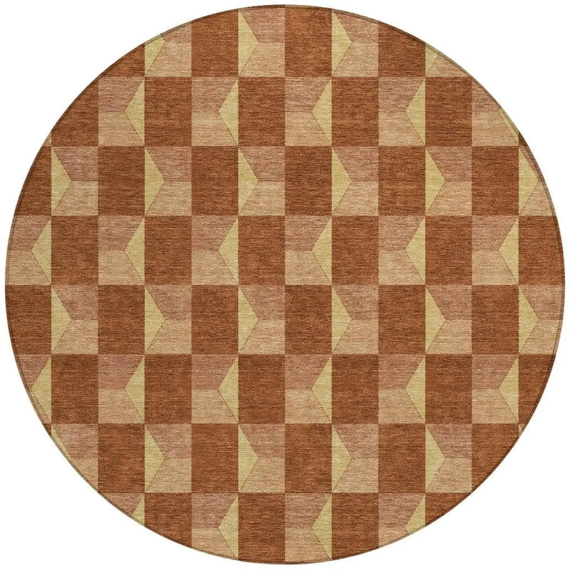 8' Orange And Brown Round Geometric Washable Indoor Outdoor Area Rug Homeroots Outdoor