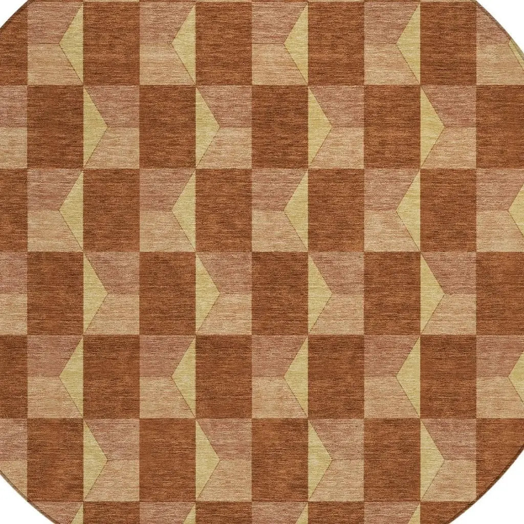 8' Orange And Brown Round Geometric Washable Indoor Outdoor Area Rug Homeroots Outdoor