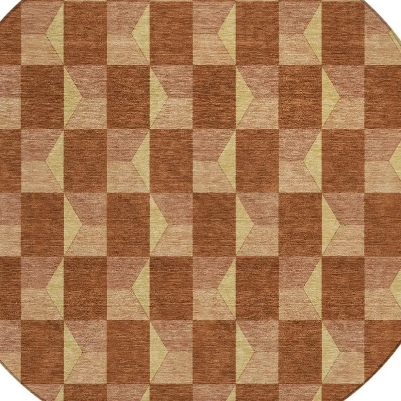 8' Orange And Brown Round Geometric Washable Indoor Outdoor Area Rug Homeroots Outdoor