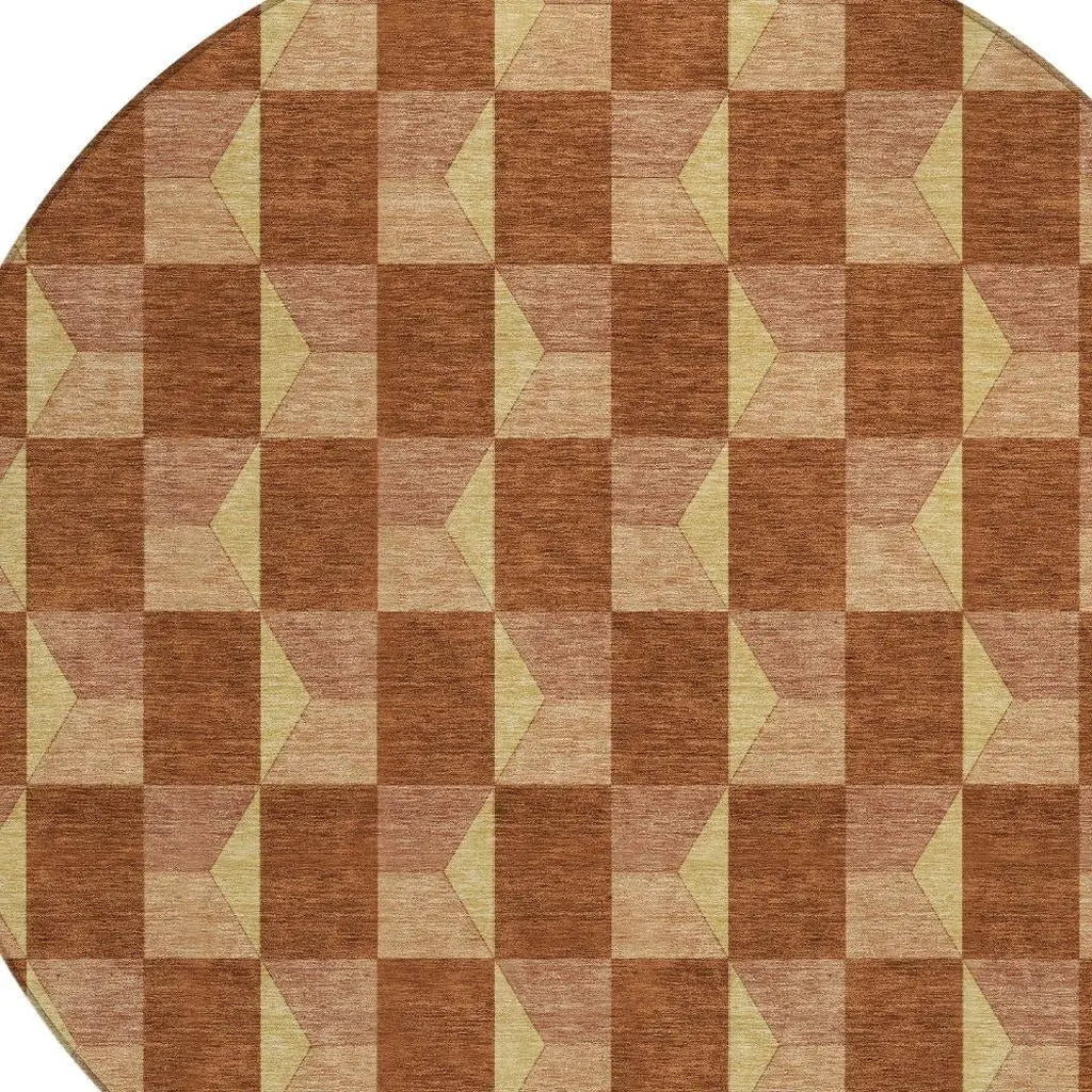 8' Orange And Brown Round Geometric Washable Indoor Outdoor Area Rug Homeroots Outdoor