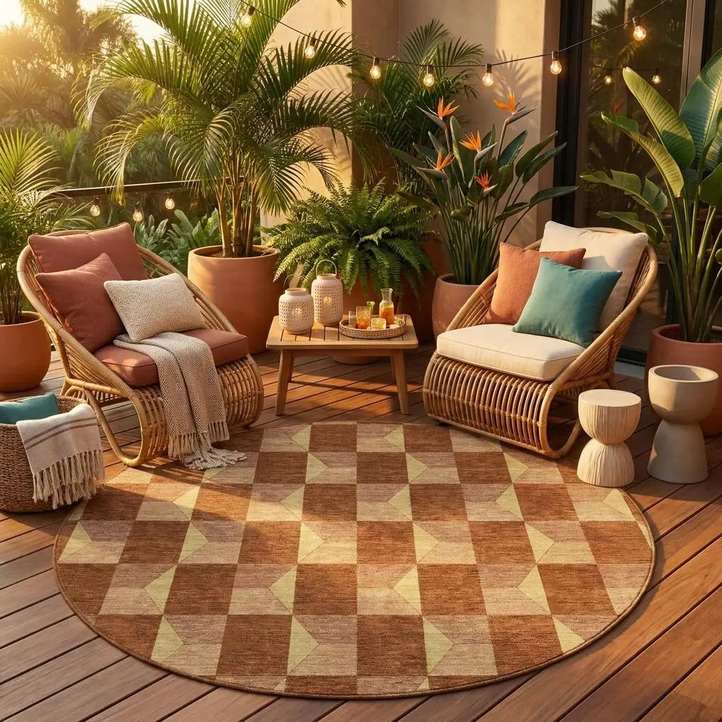 8' Orange And Brown Round Geometric Washable Indoor Outdoor Area Rug Homeroots Outdoor