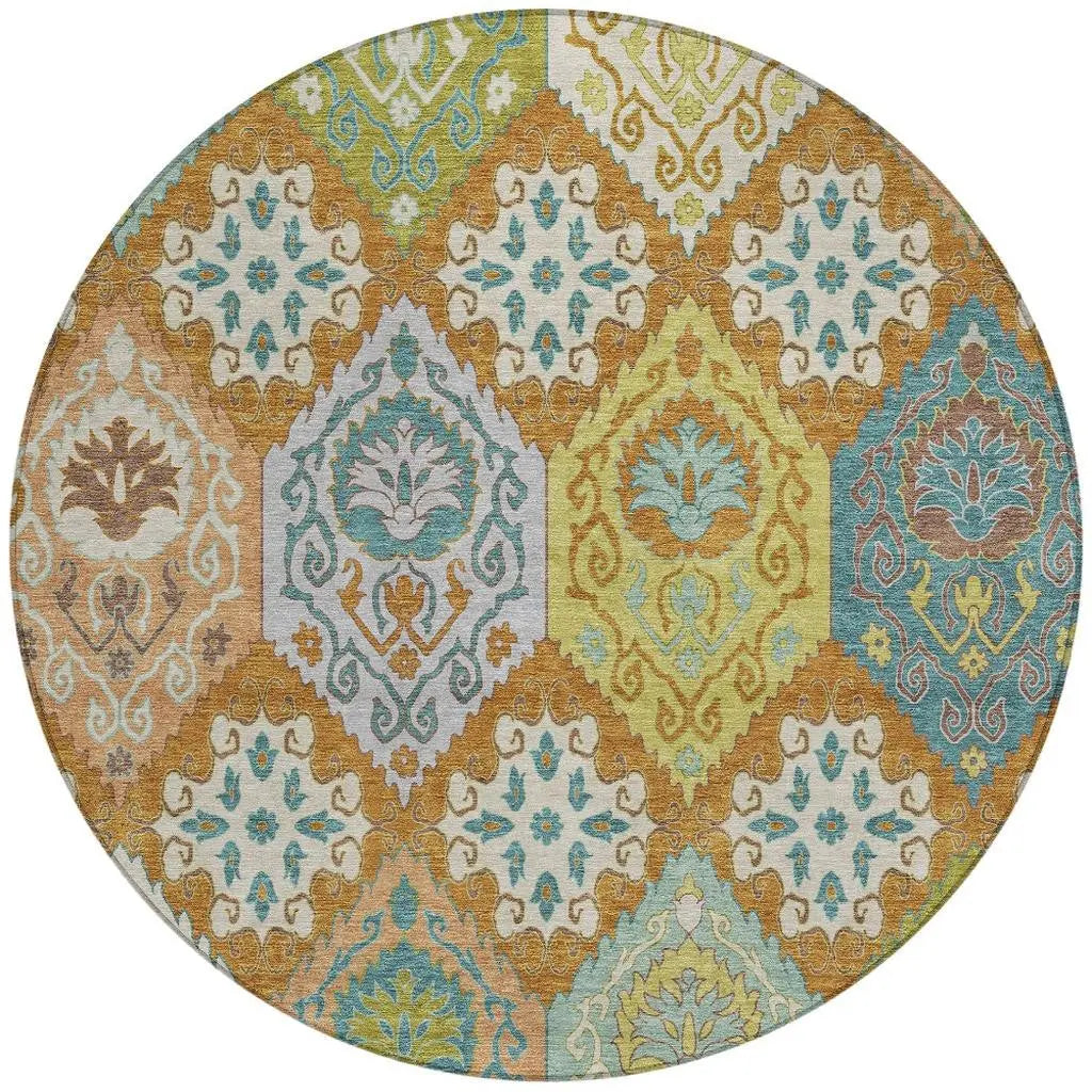 8' Orange And Brown Round Geometric Washable Indoor Outdoor Area Rug Homeroots Outdoor
