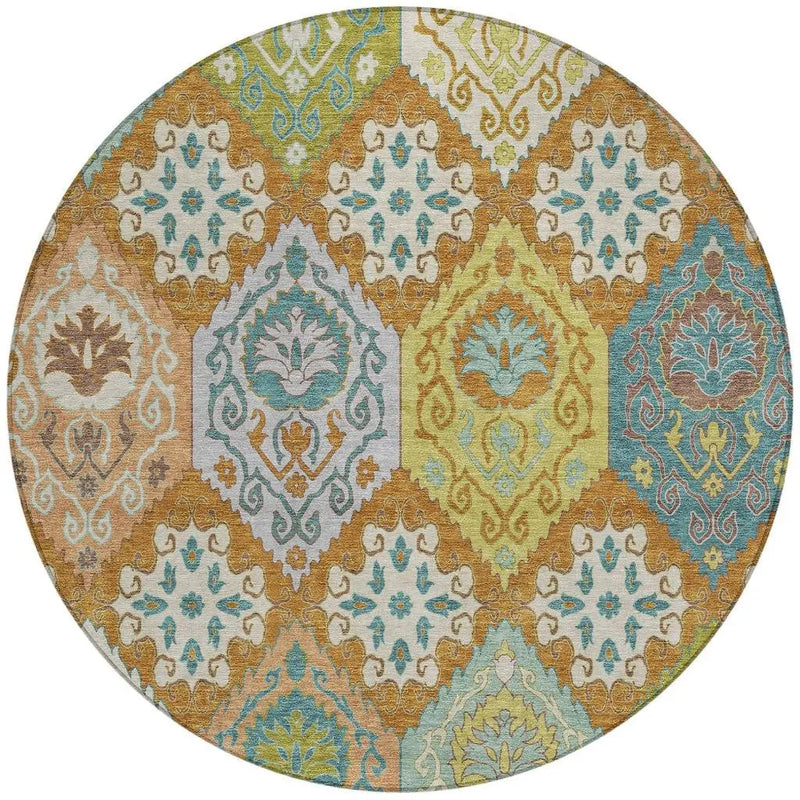 8' Orange And Brown Round Geometric Washable Indoor Outdoor Area Rug Homeroots Outdoor