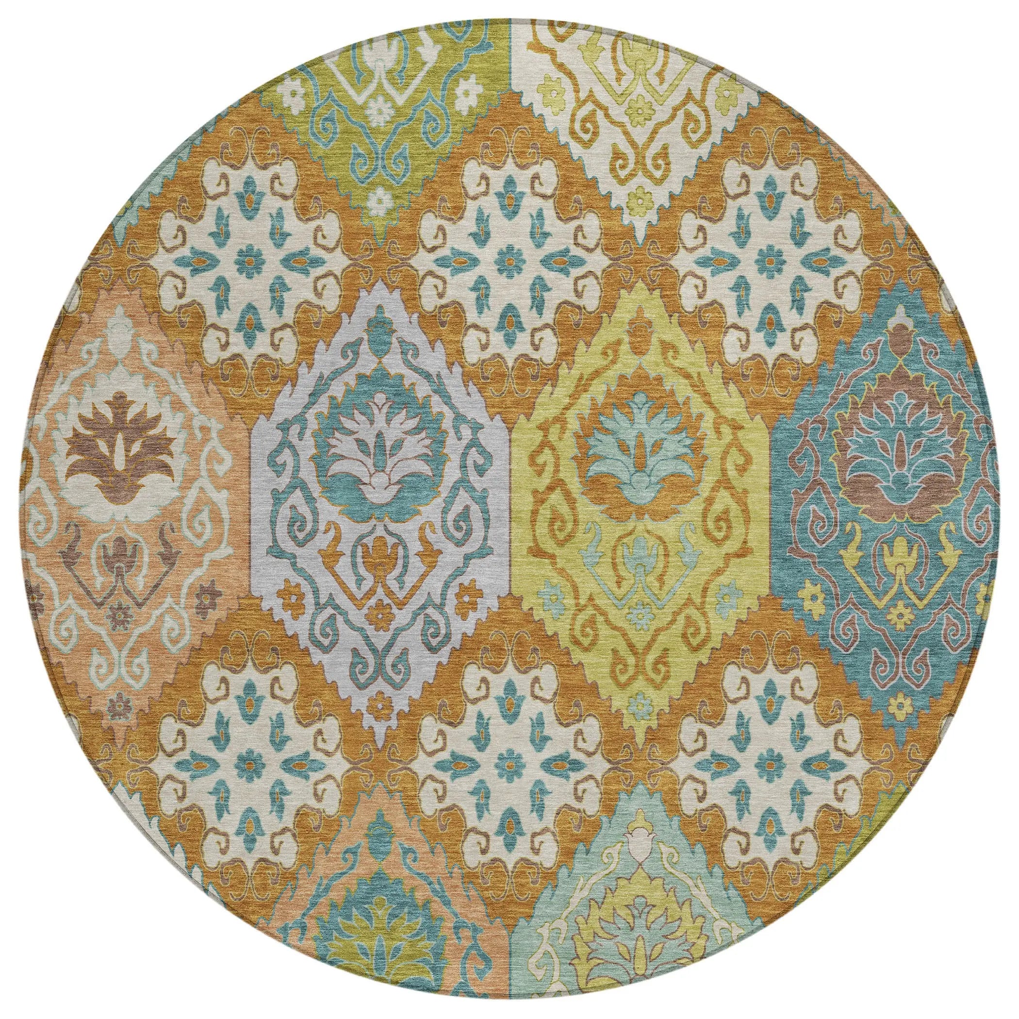 8' Orange And Brown Round Geometric Washable Indoor Outdoor Area Rug Homeroots Outdoor