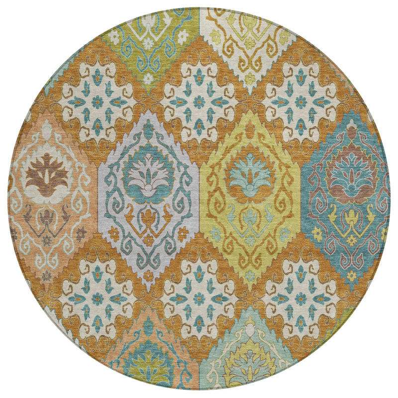 8' Orange And Brown Round Geometric Washable Indoor Outdoor Area Rug Homeroots Outdoor