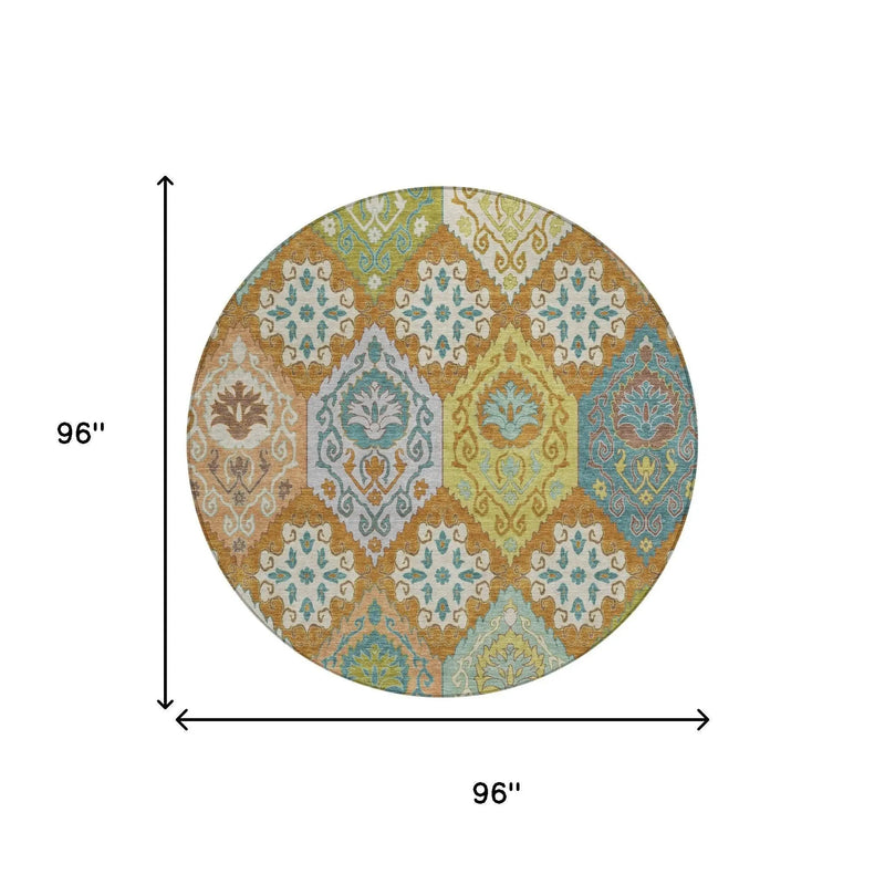 8' Orange And Brown Round Geometric Washable Indoor Outdoor Area Rug Homeroots Outdoor