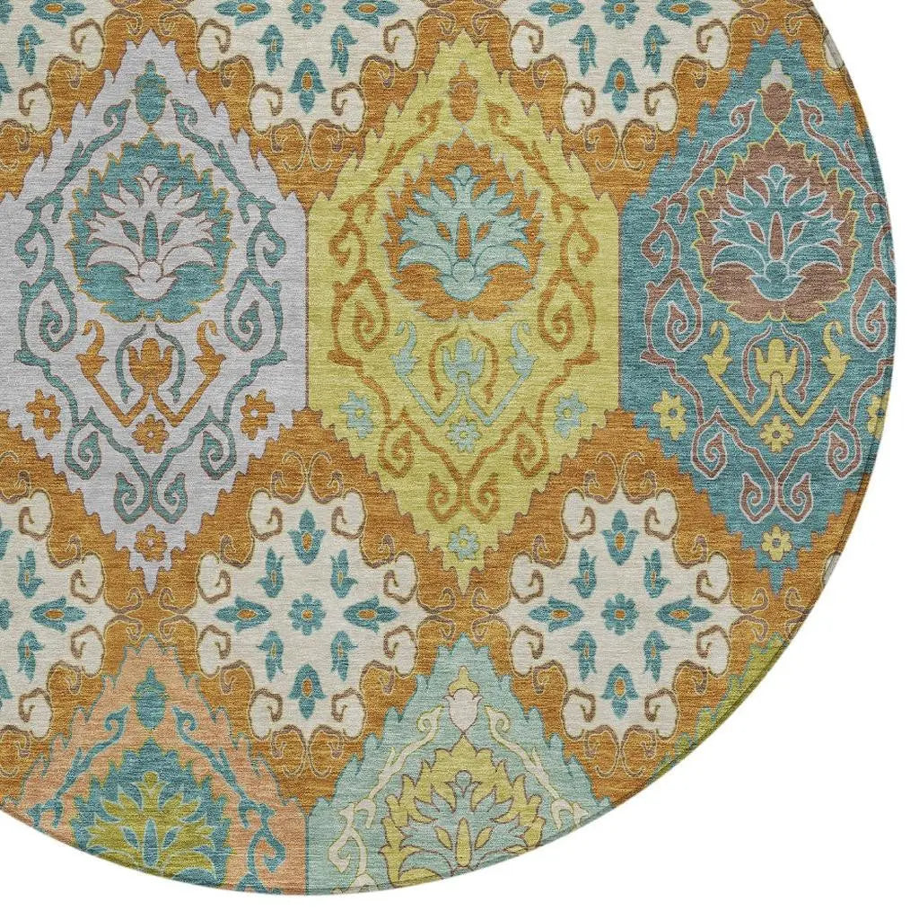 8' Orange And Brown Round Geometric Washable Indoor Outdoor Area Rug Homeroots Outdoor