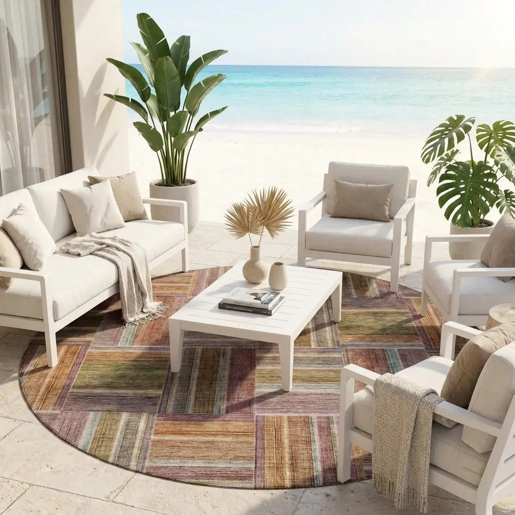 8' Orange And Brown Round Geometric Washable Indoor Outdoor Area Rug Homeroots Outdoor