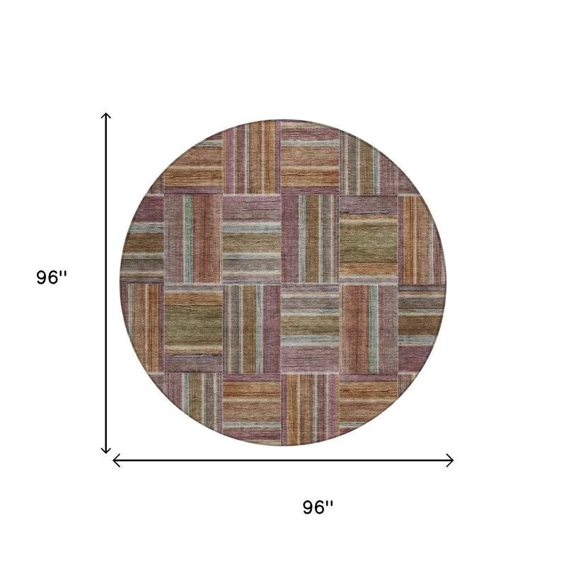 8' Orange And Brown Round Geometric Washable Indoor Outdoor Area Rug Homeroots Outdoor