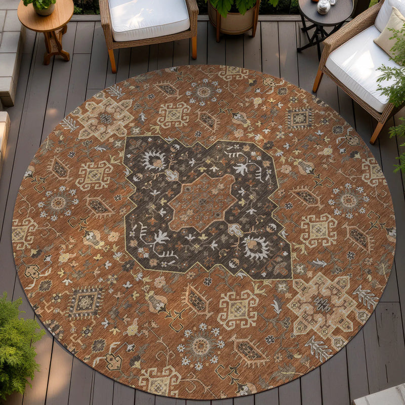 8' Orange And Brown Round Medallion Washable Indoor Outdoor Area Rug Homeroots Outdoor