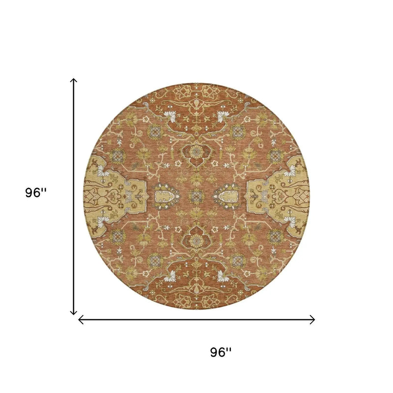 8' Orange And Brown Round Oriental Washable Indoor Outdoor Area Rug Homeroots Outdoor