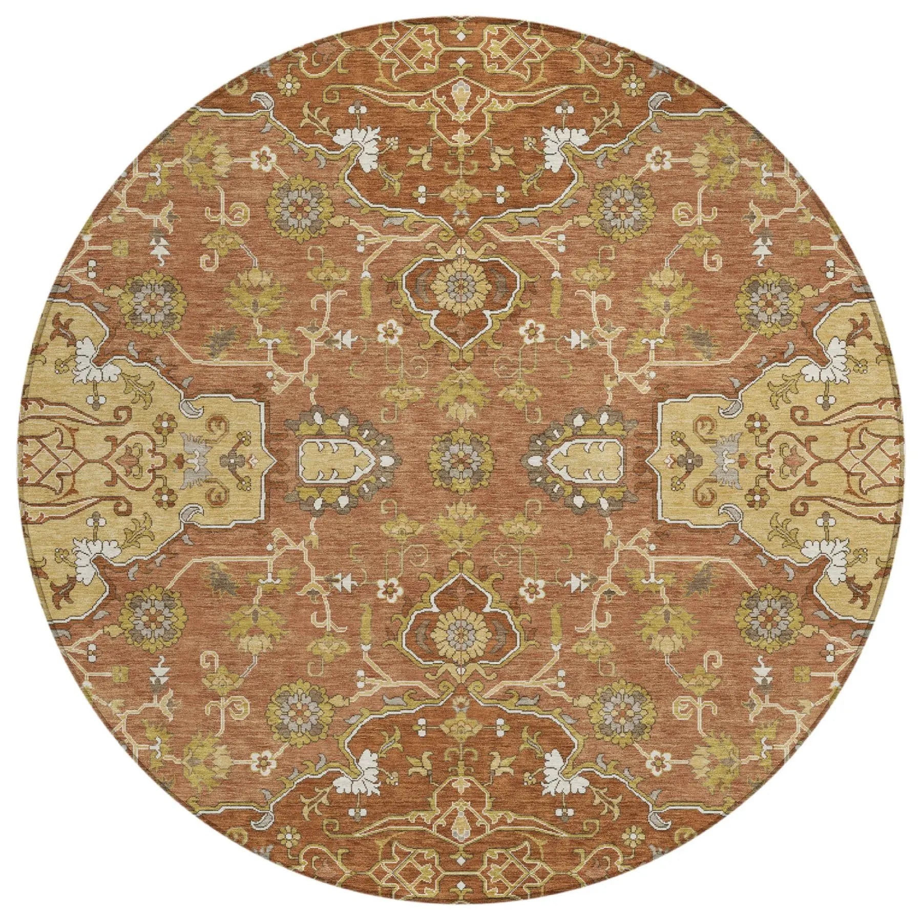 8' Orange And Brown Round Oriental Washable Indoor Outdoor Area Rug Homeroots Outdoor